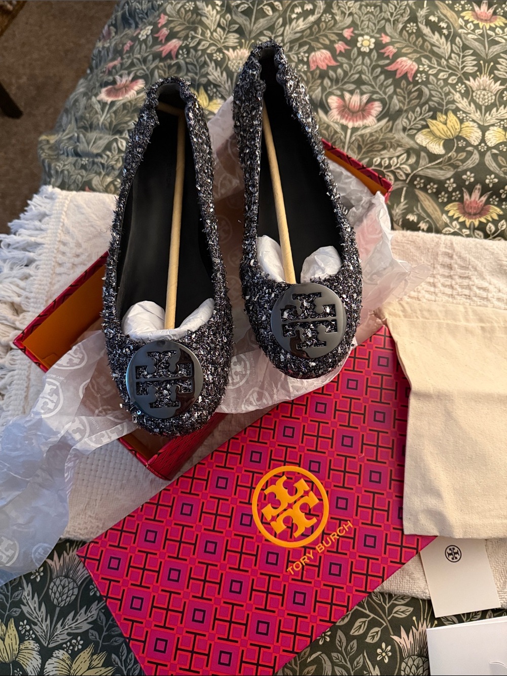 Tory Burch Mini Travel Ballet With Metal Logo Sparkle Jacquard Silver Confetti